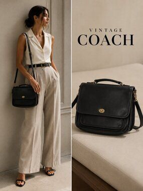Vintage Coach Legacy Willis Black Leather Messenger Briefcase Bag Made in USA